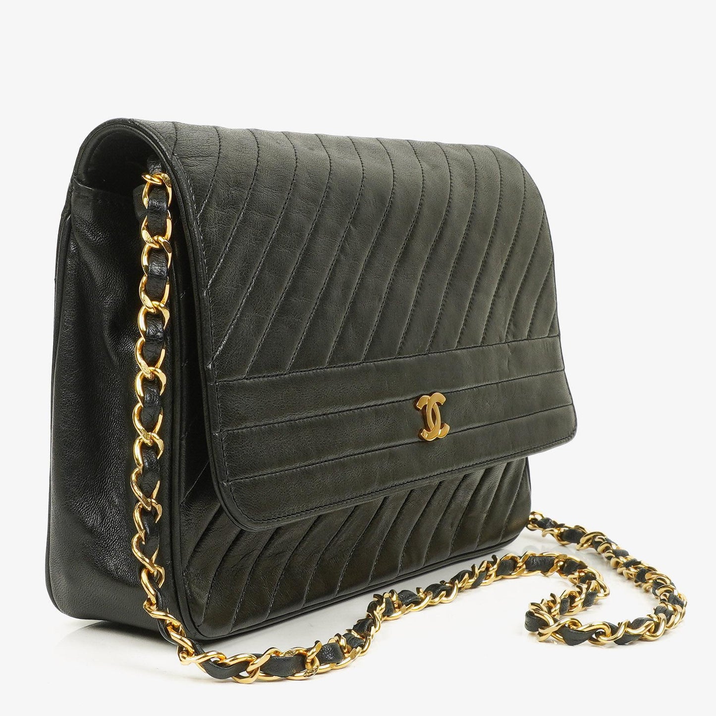 Chanel Diagonal Medium Classic Single Flap Tasche aus schwarzem gestepptem Lammleder mit 24K vergoldeter Hardware