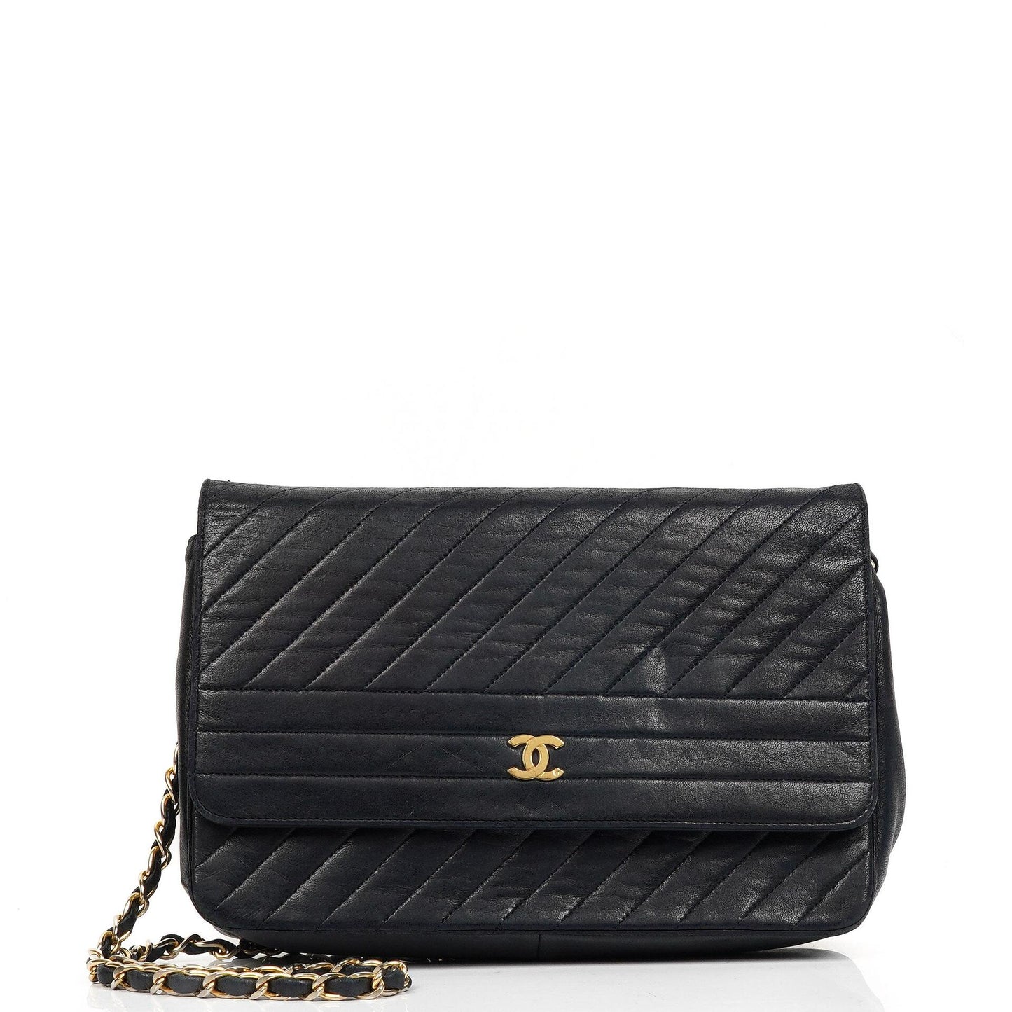 Chanel Diagonal Medium Classic marineblau gestepptes Lammleder Single Flap Bag mit 24K goldplattierten Beschlägen