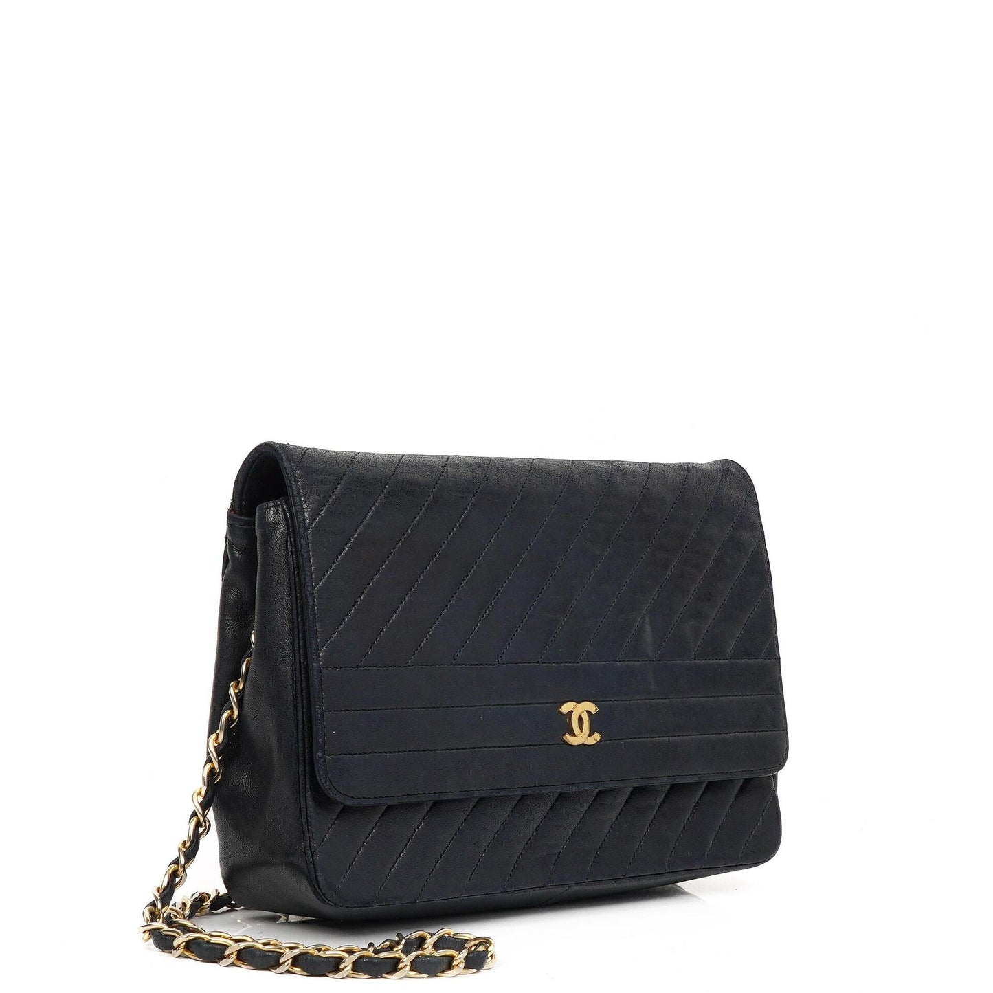 Chanel Diagonal Medium Classic marineblau gestepptes Lammleder Single Flap Bag mit 24K goldplattierten Beschlägen