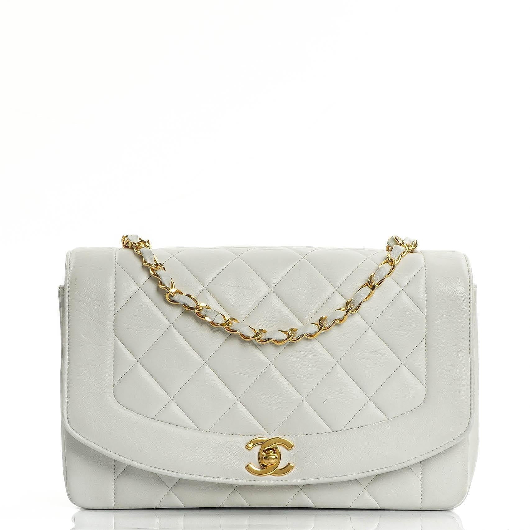 Chanel Diana Vintage Medium Flap Tasche aus weißem gestepptem Lammleder mit 24K vergoldeter Hardware
