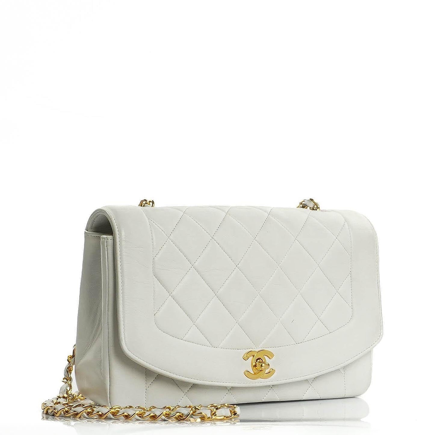 Chanel Diana Vintage Medium Flap Tasche aus weißem gestepptem Lammleder mit 24K vergoldeter Hardware