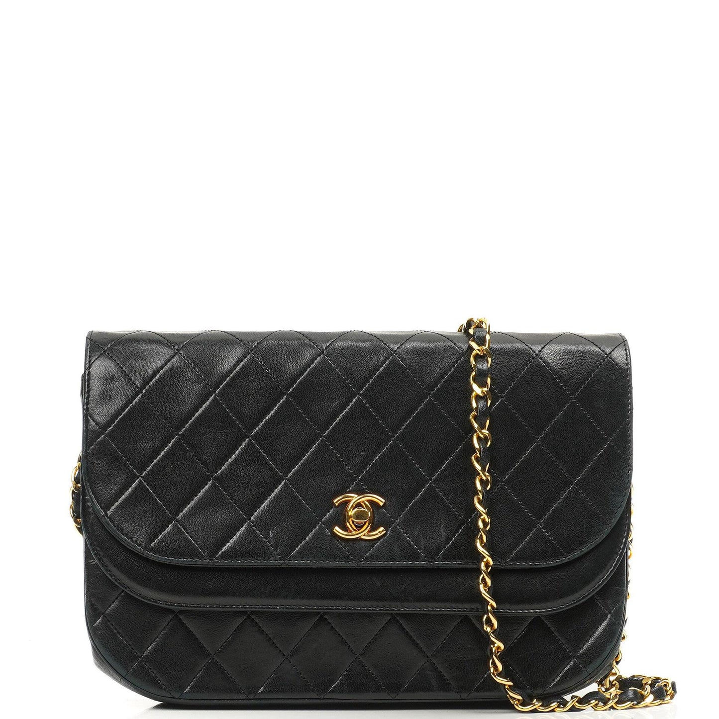 Chanel Double Flap Halbmond Schwarz Lammleder Mit 24K Vergoldeten Beschlägen