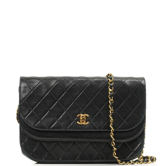 Chanel Double Flap Halbmond Schwarz Lammleder Mit 24K Vergoldeten Beschlägen