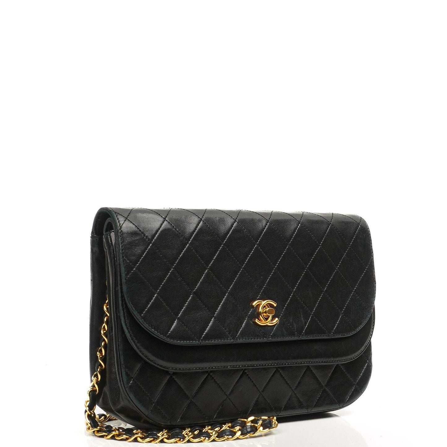 Chanel Double Flap Halbmond Schwarz Lammleder Mit 24K Vergoldeten Beschlägen