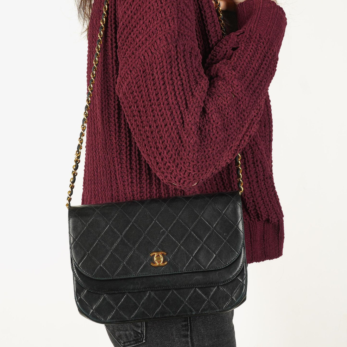 Chanel Double Flap Halbmond Schwarz Lammleder Mit 24K Vergoldeten Beschlägen
