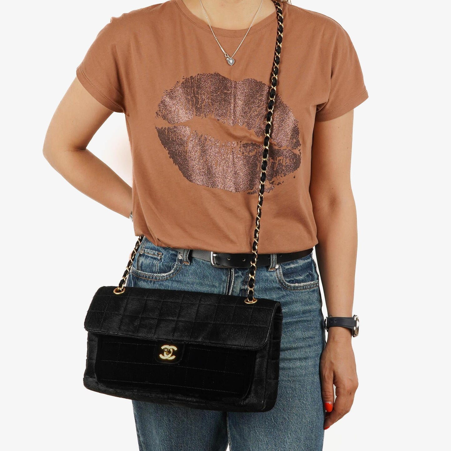 Chanel East West Flap Bag aus Ponyhaar Samt Schokoladenriegel mit goldfarbener Hardware