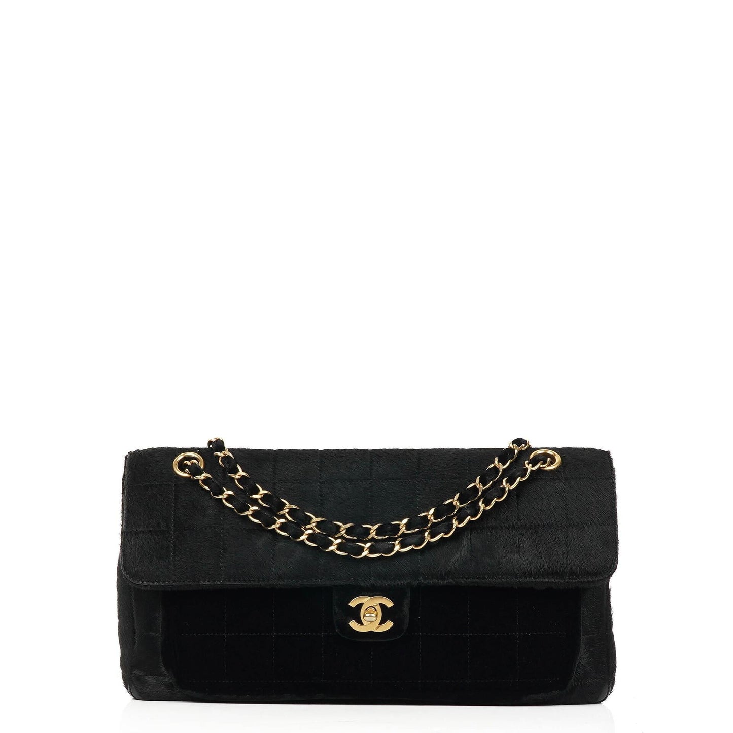 Chanel East West Flap Bag aus Ponyhaar Samt Schokoladenriegel mit goldfarbener Hardware