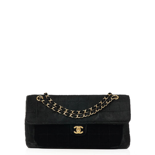Chanel East West Flap Bag aus Ponyhaar Samt Schokoladenriegel mit goldfarbener Hardware
