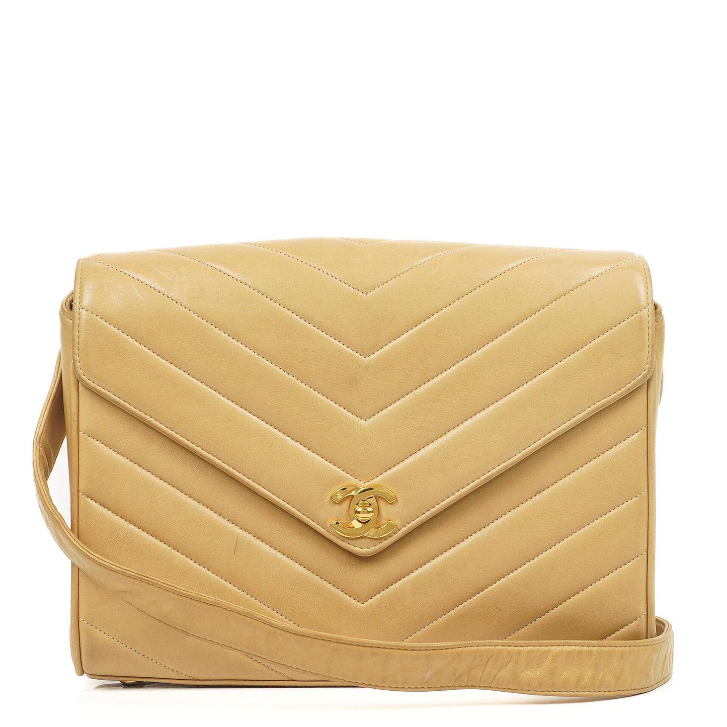 Chanel Envelope Beige Chevron Gesteppt Crossbody Tasche Mit 24K Vergoldeten Beschlägen