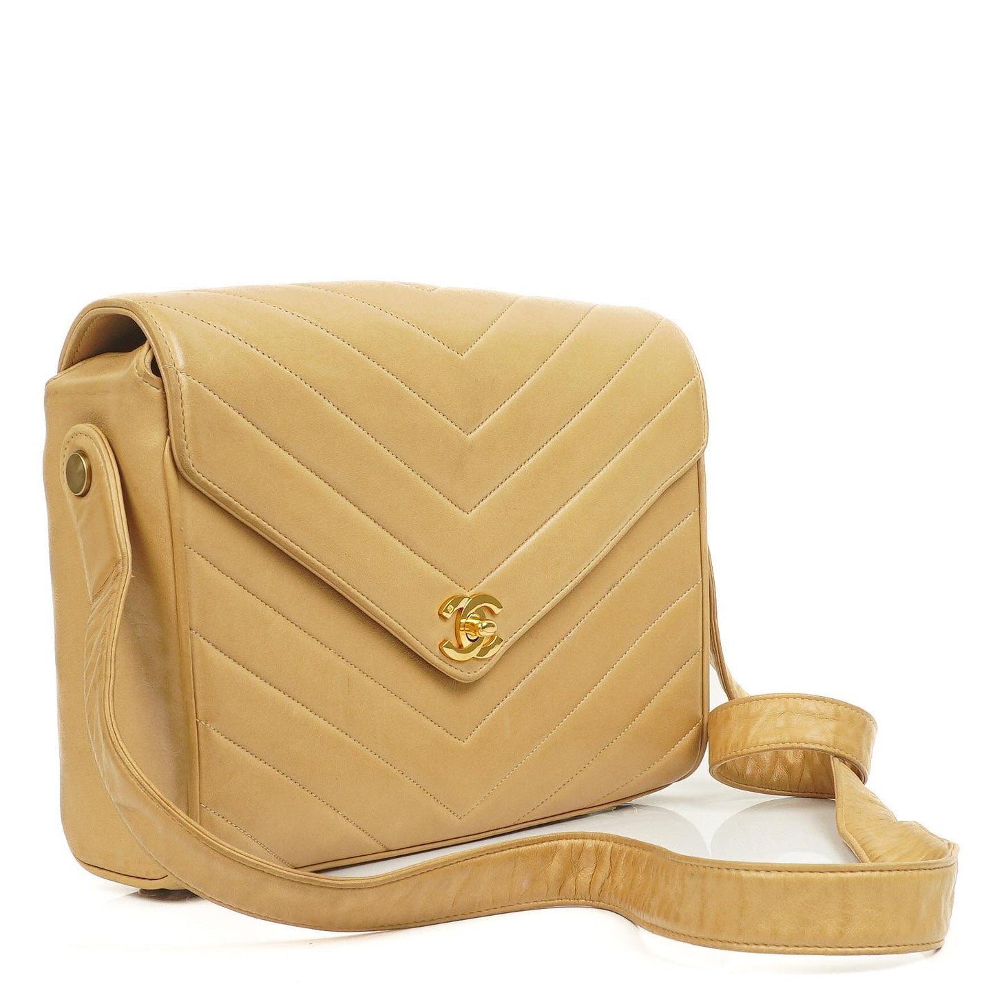 Chanel Envelope Beige Chevron Gesteppt Crossbody Tasche Mit 24K Vergoldeten Beschlägen
