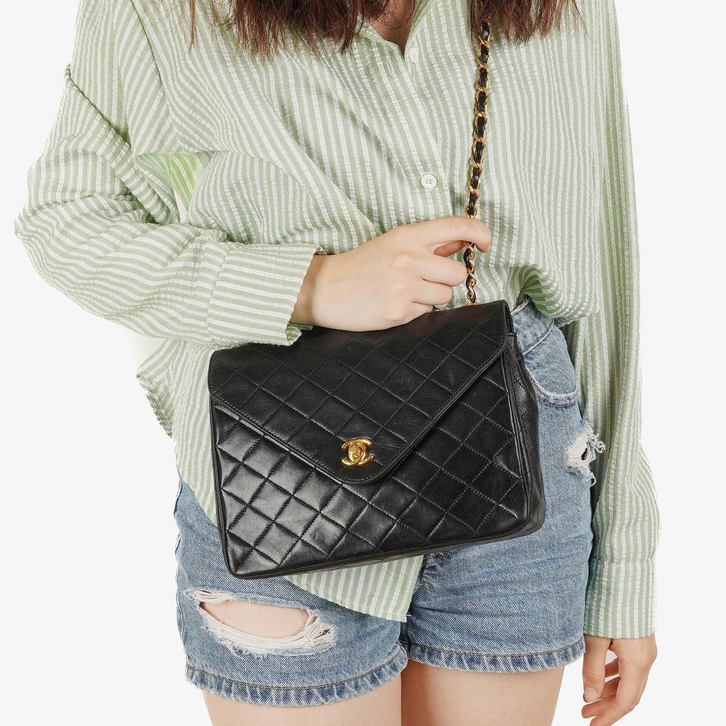 Chanel Envelope Flap Tasche Schwarz Gepolstertes Lammleder mit 24K Vergoldeten Beschlägen