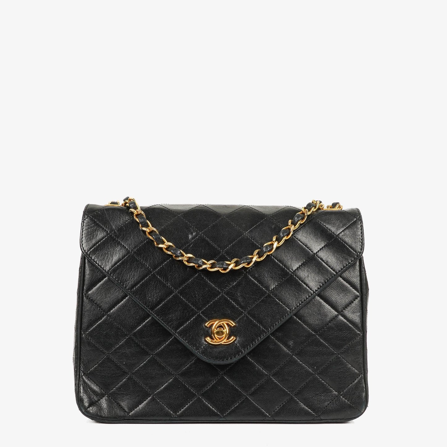 Chanel Envelope Flap Tasche aus schwarzem gestepptem Lammleder mit 24K vergoldeten Beschlägen