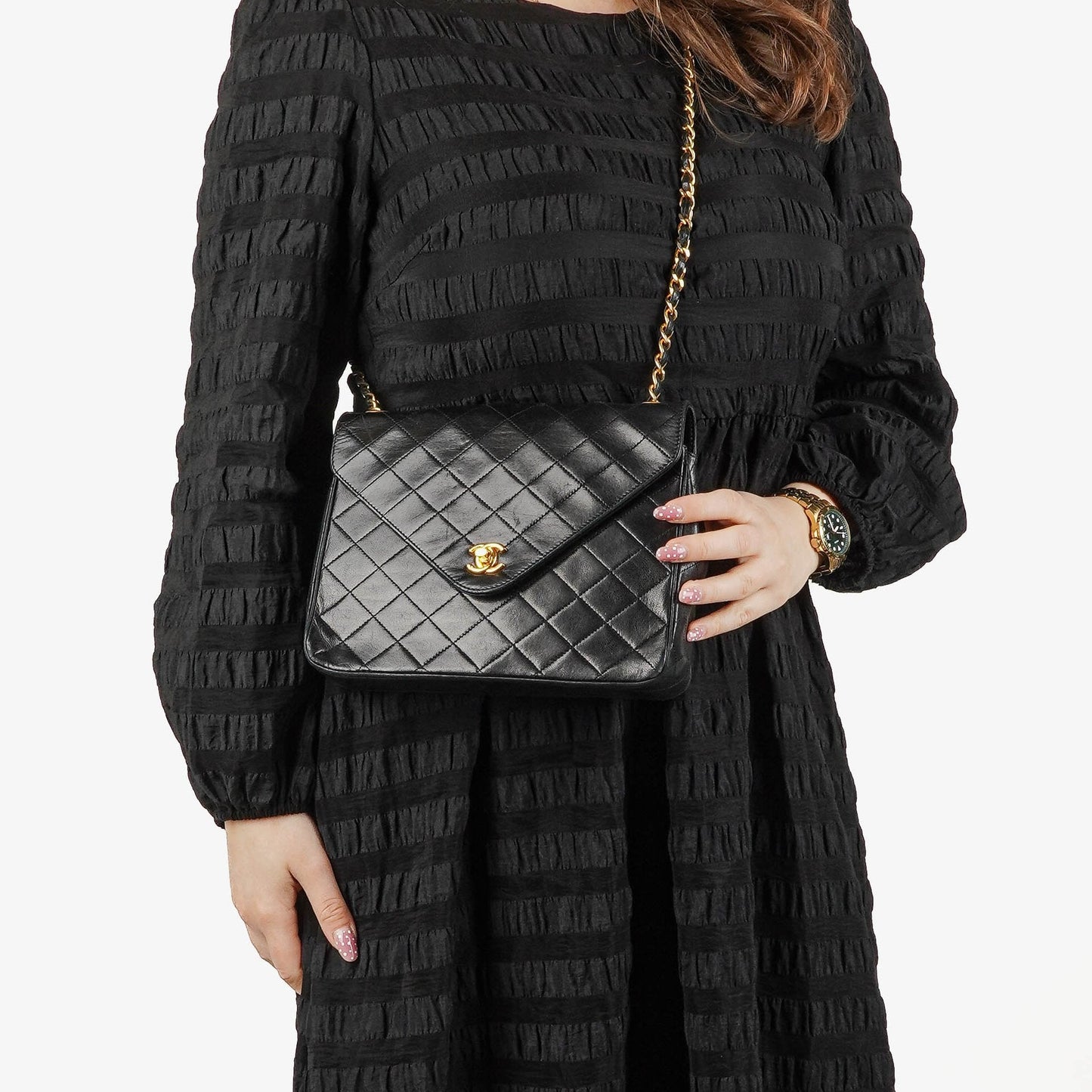Chanel Envelope Flap Tasche aus schwarzem gestepptem Lammleder mit 24K vergoldeten Beschlägen