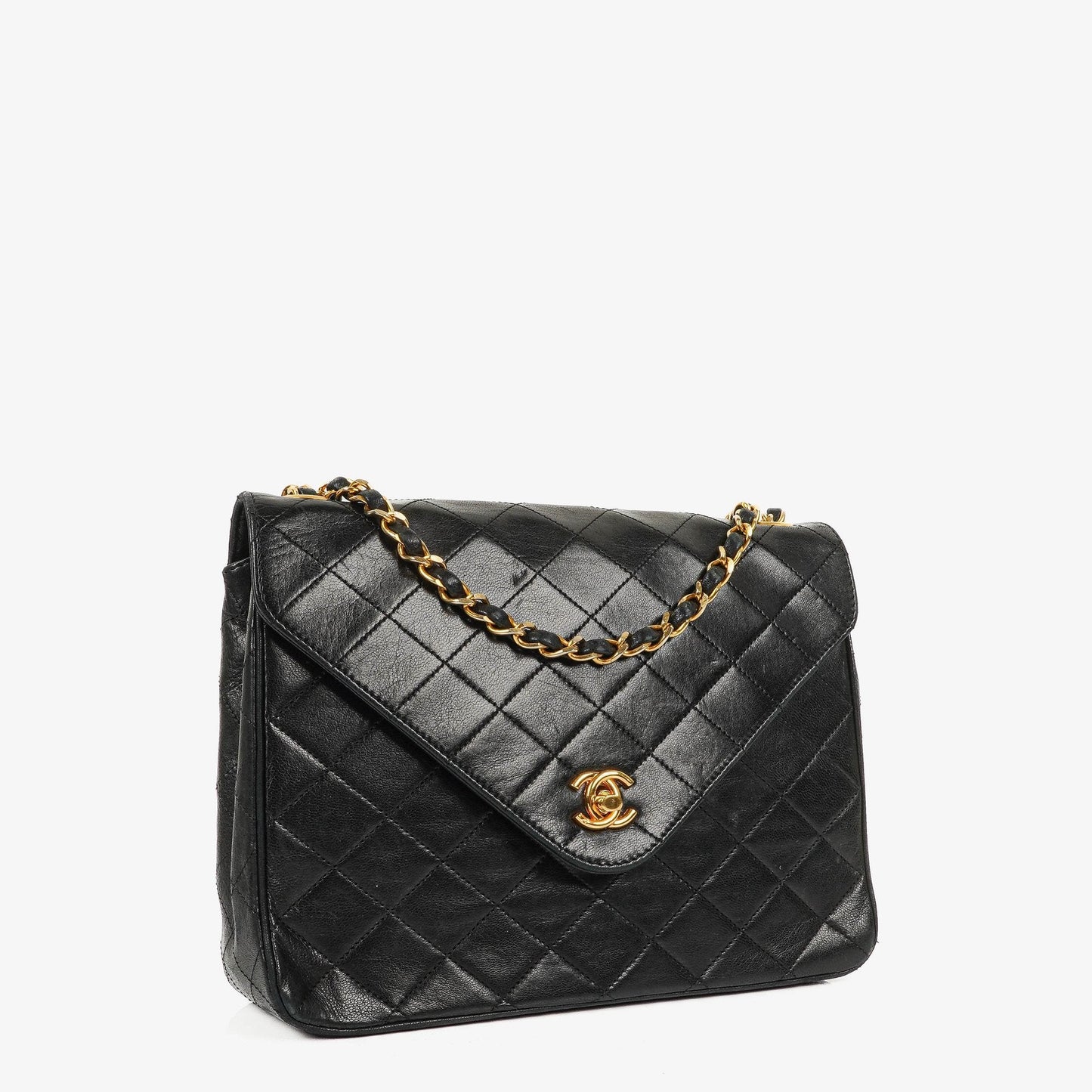 Chanel Envelope Flap Tasche aus schwarzem gestepptem Lammleder mit 24K vergoldeten Beschlägen