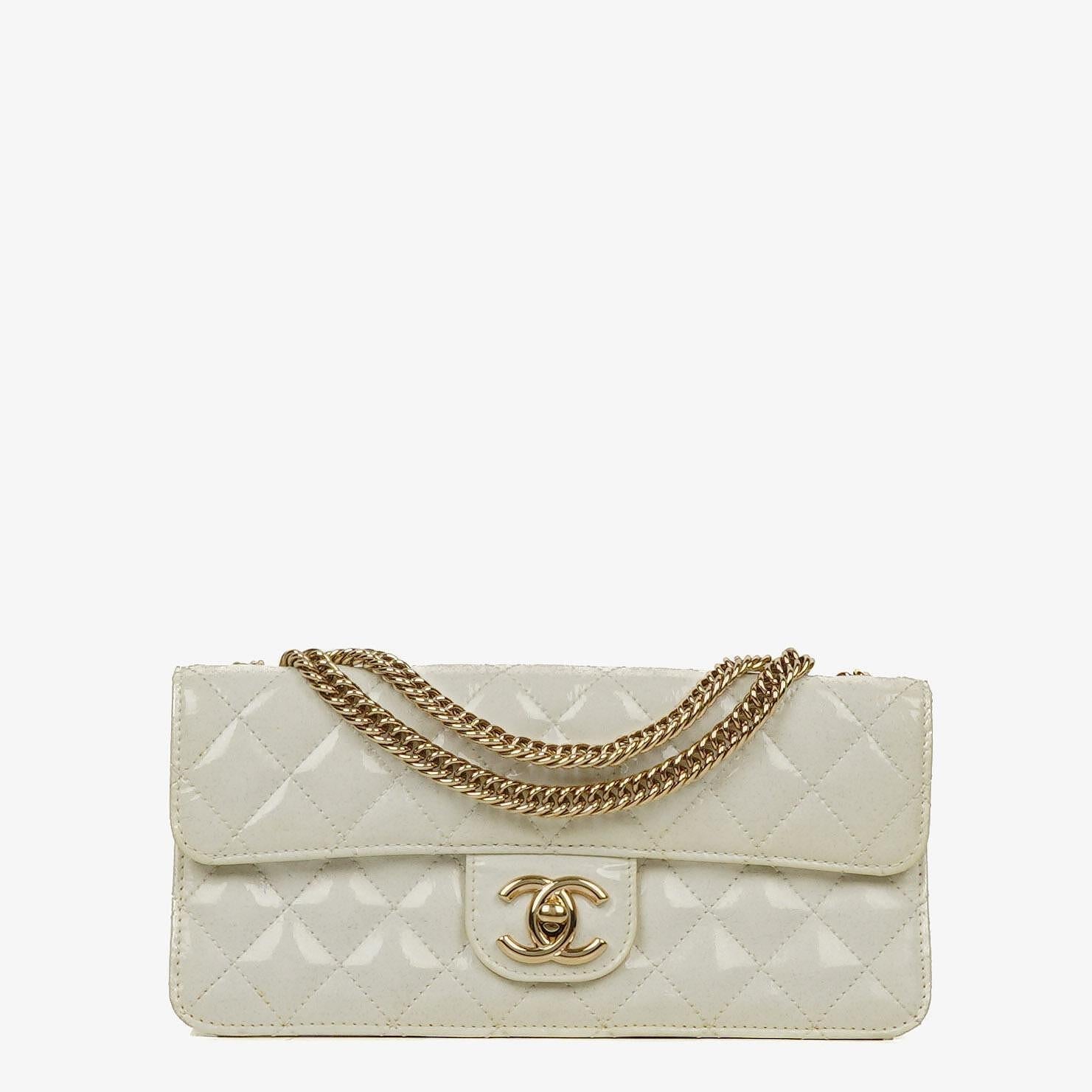 Chanel Evening Star East West Flap Bag aus weißem gestepptem Patentleder