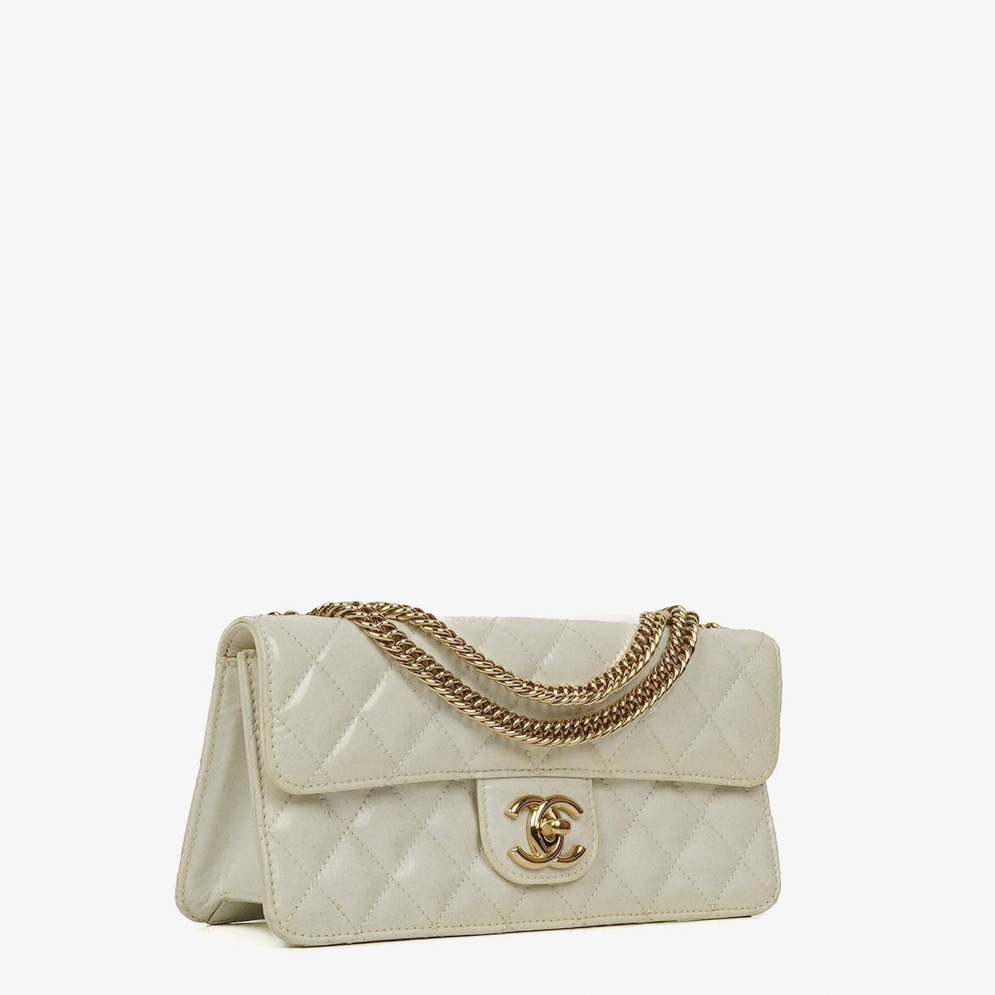 Chanel Evening Star East West Flap Bag aus weißem gestepptem Patentleder