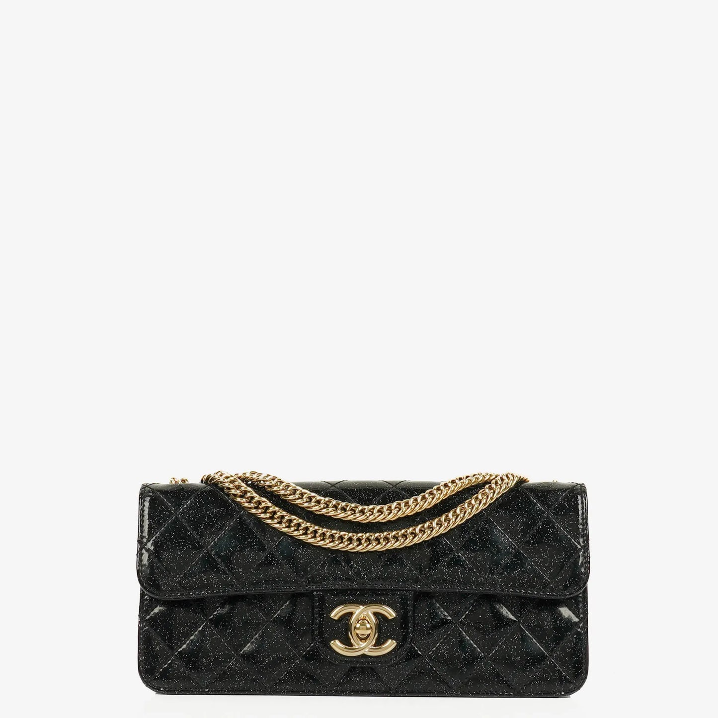 Chanel Evening Star East West Flap Bag aus gestepptem Glitzer-Lackleder