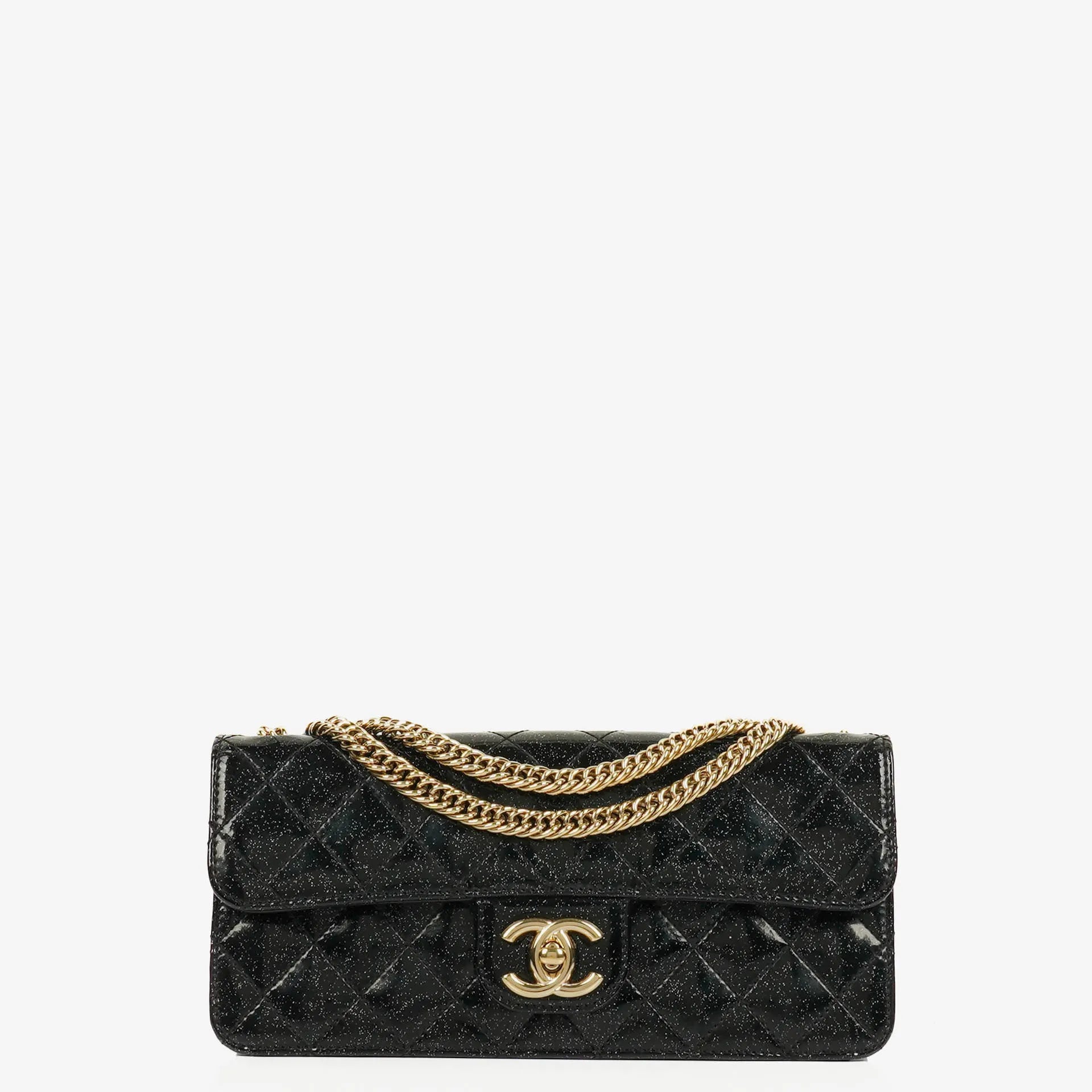 Chanel Evening Star East West Flap Bag aus gestepptem Glitzer-Lackleder