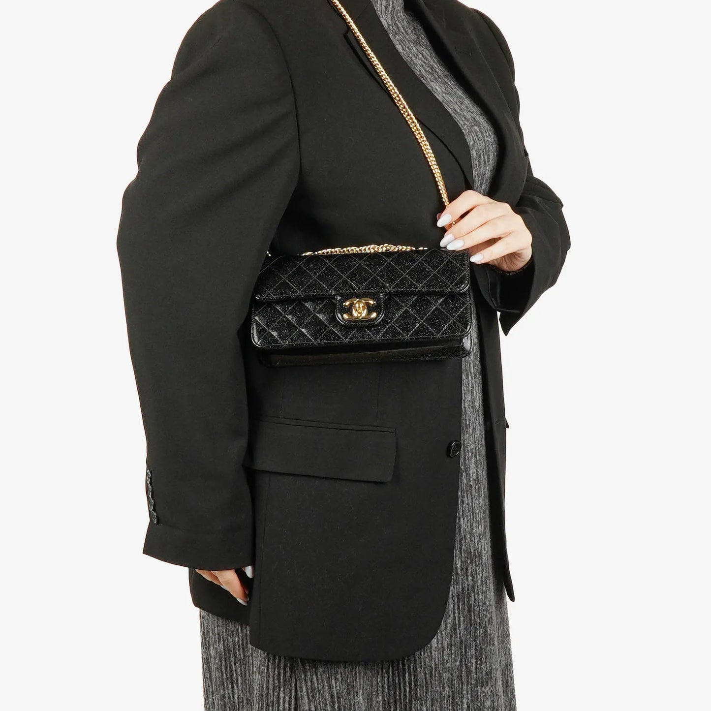 Chanel Evening Star East West Flap Bag aus gestepptem Glitzer-Lackleder