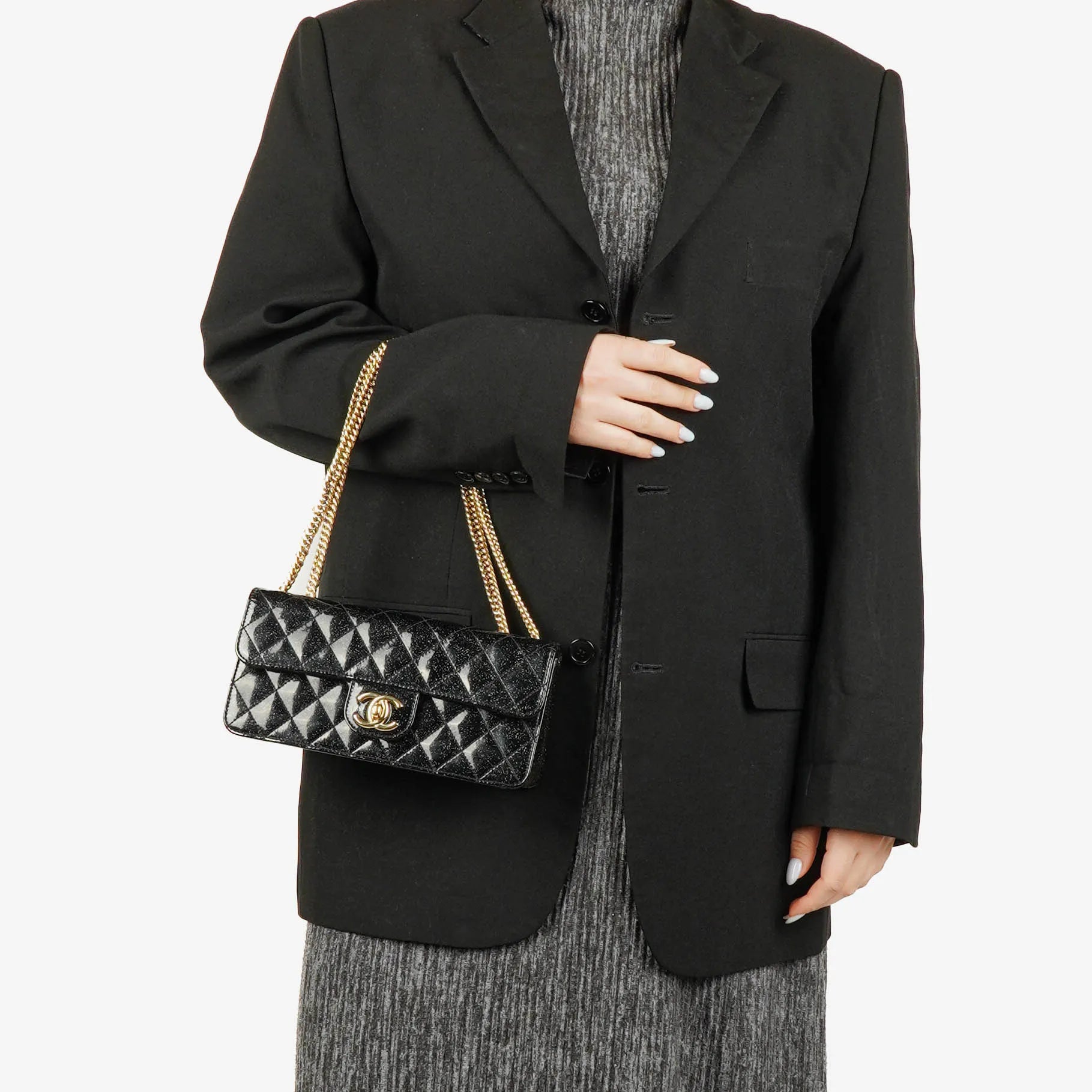 Chanel Evening Star East West Flap Bag aus gestepptem Glitzer-Lackleder