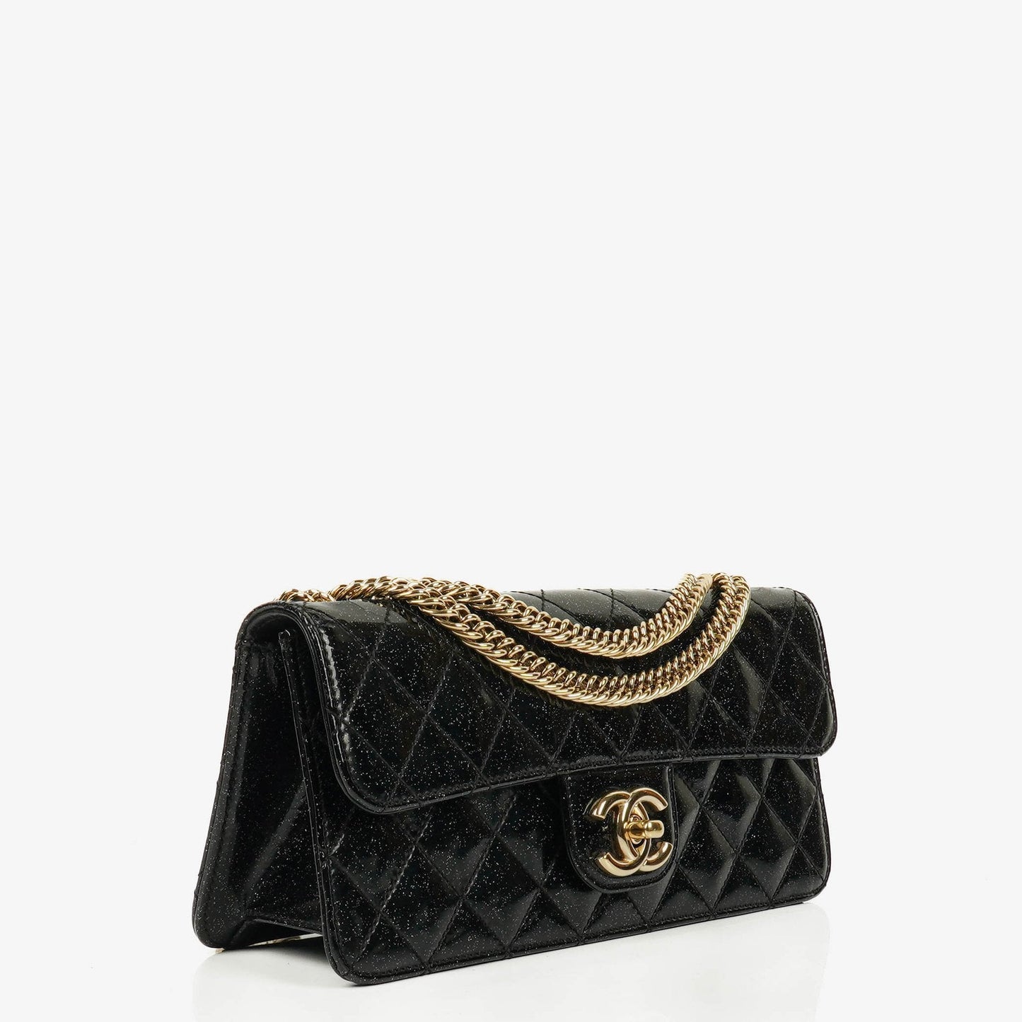 Chanel Evening Star East West Flap Bag aus gestepptem Glitzer-Lackleder