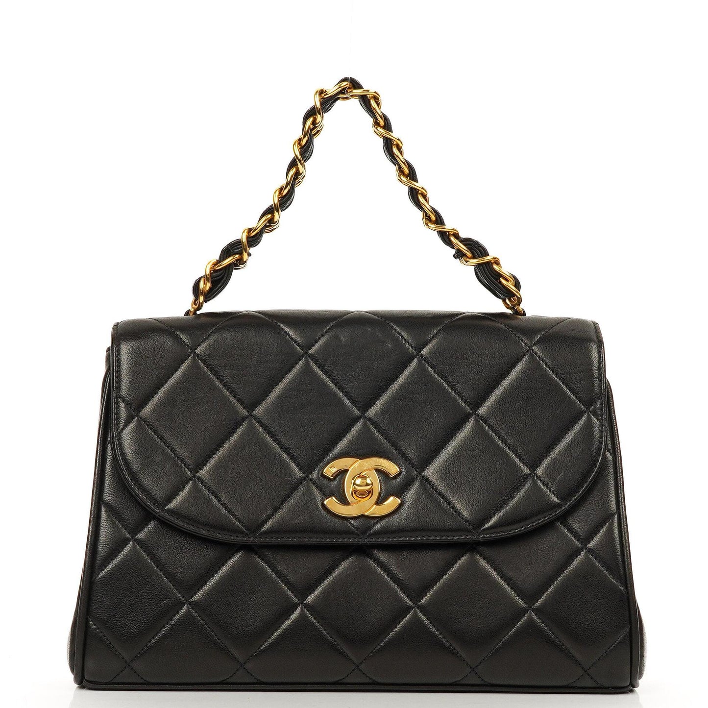 Chanel Flap Tasche Schwarz Gestepptes Lammleder Mit Ketten-Topgriff Und 24K Vergoldeten Beschlägen 1994-1996