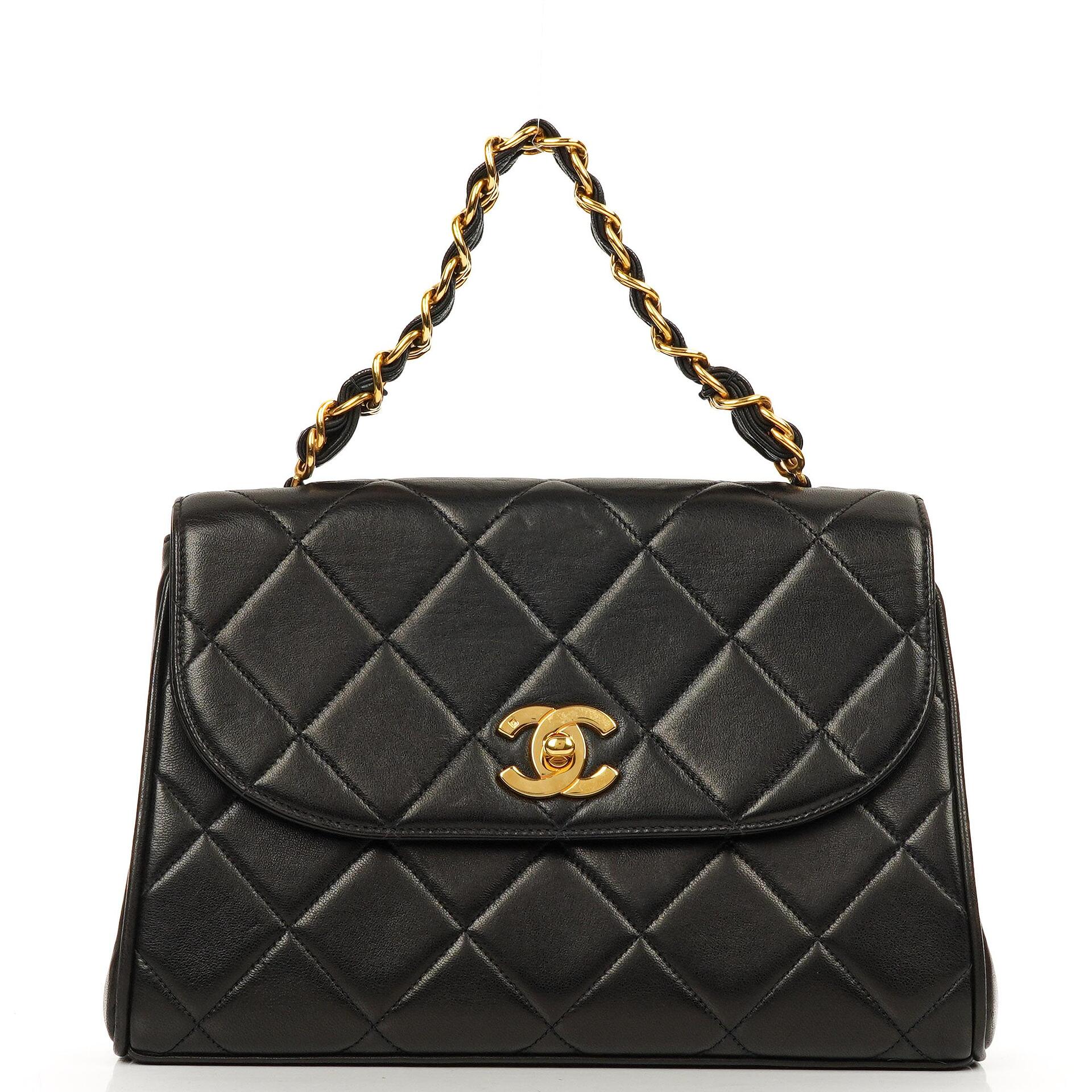 Chanel Flap Tasche Schwarz Gestepptes Lammleder Mit Ketten-Topgriff Und 24K Vergoldeten Beschlägen 1994-1996