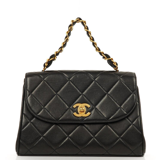 Chanel Flap Tasche Schwarz Gestepptes Lammleder Mit Ketten-Topgriff Und 24K Vergoldeten Beschlägen 1994-1996