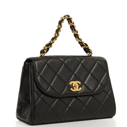 Chanel Flap Tasche Schwarz Gestepptes Lammleder Mit Ketten-Topgriff Und 24K Vergoldeten Beschlägen 1994-1996