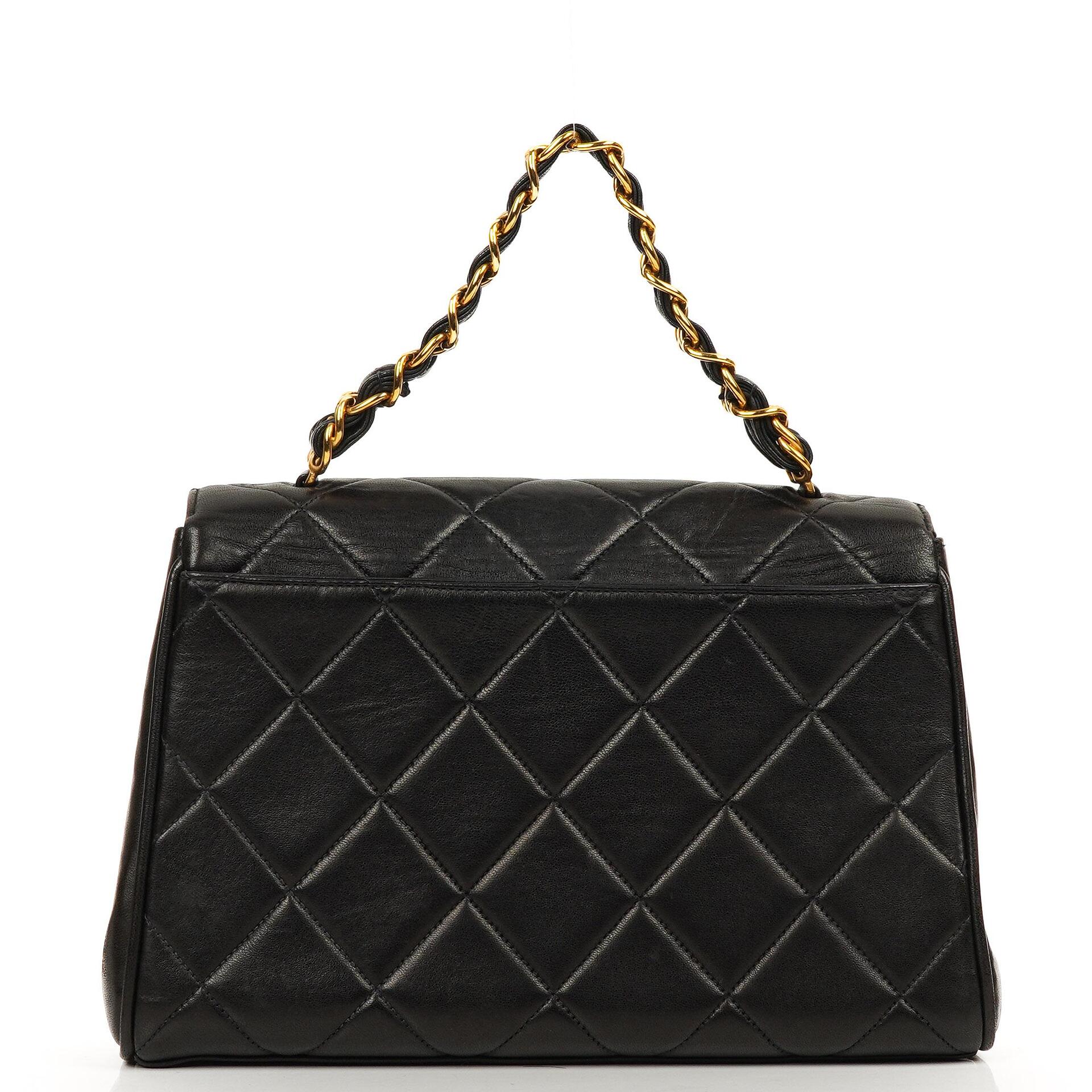 Chanel Flap Tasche Schwarz Gestepptes Lammleder Mit Ketten-Topgriff Und 24K Vergoldeten Beschlägen 1994-1996
