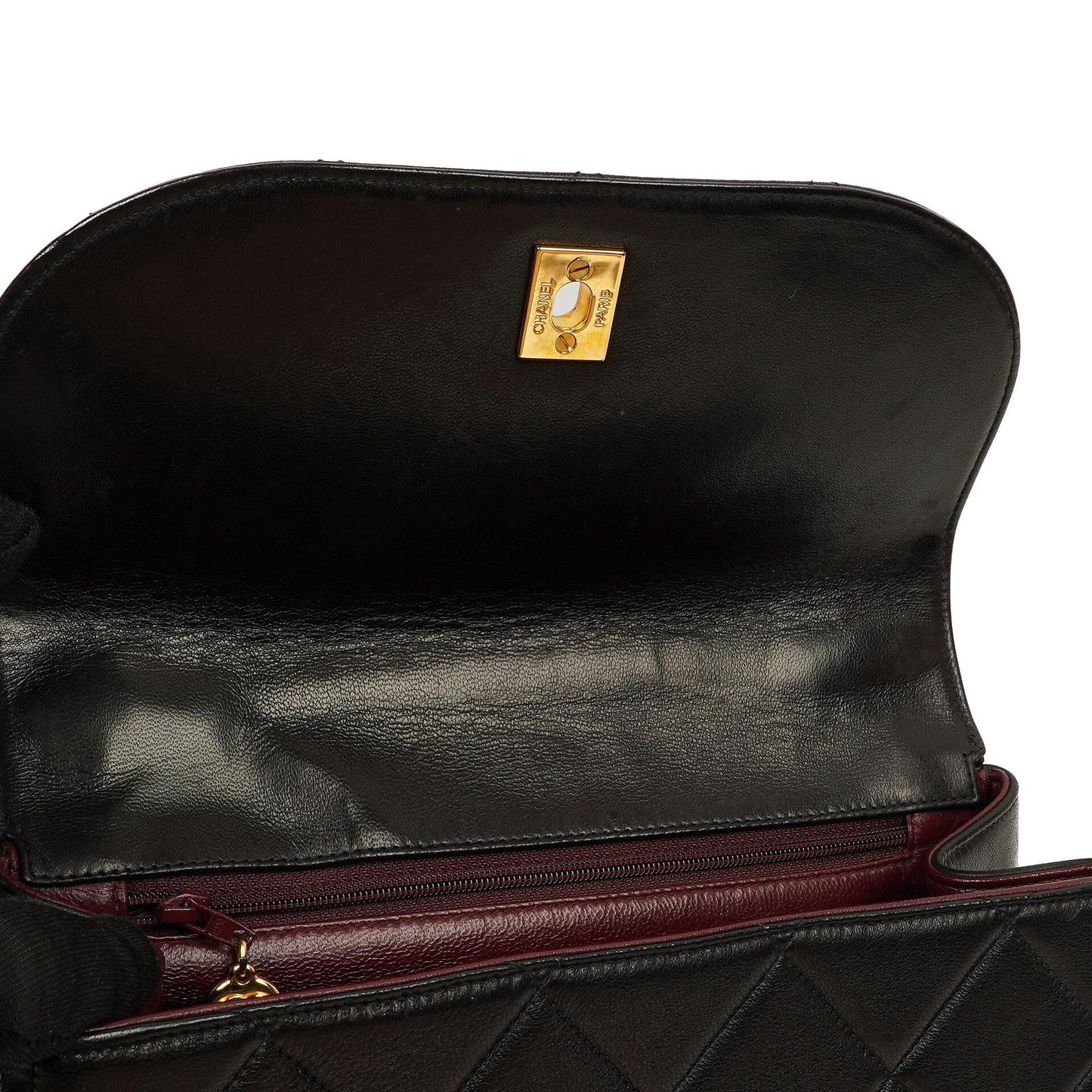 Chanel Flap Tasche Schwarz Gestepptes Lammleder Mit Ketten-Topgriff Und 24K Vergoldeten Beschlägen 1994-1996
