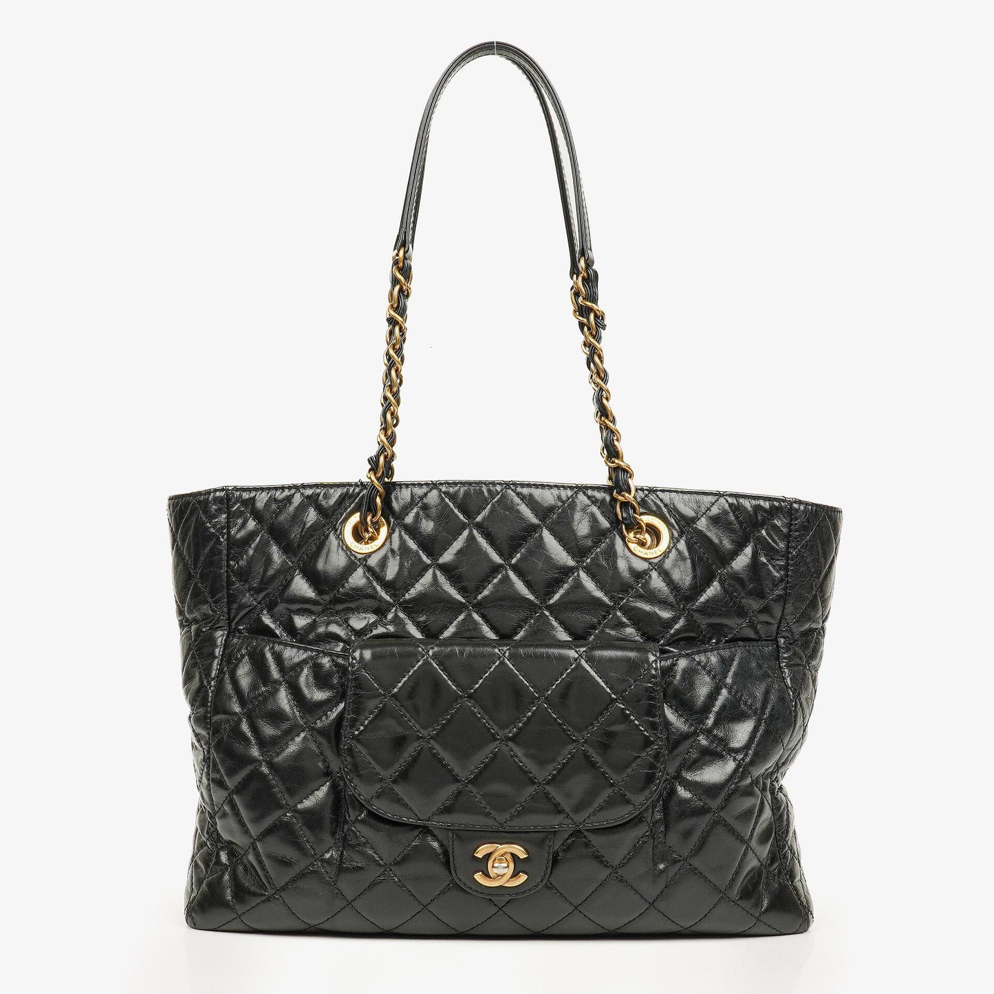 Chanel Große Tote Tasche mit Fronttasche aus glänzendem gestepptem Kalbsleder mit goldfarbenen Beschlägen 2014/2015