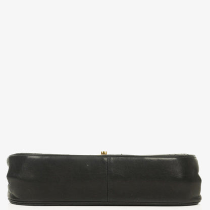 Chanel Half Moon Double Flap Tasche aus schwarzem gestepptem Lammleder mit 24K vergoldeten Beschlägen
