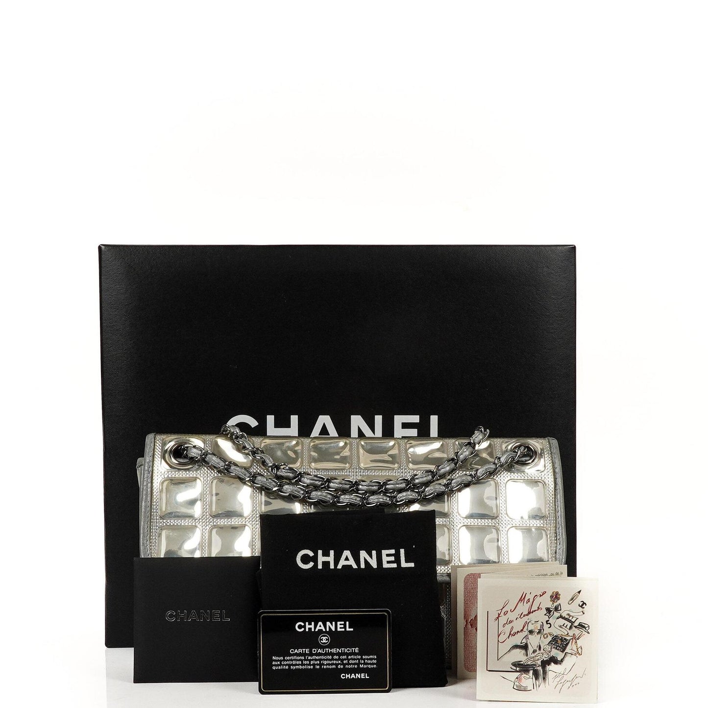 Chanel Ice Cube Flap Bag aus verspiegeltem Vinyl und silbernem Metallic-Leder mit silberfarbener Hardware
