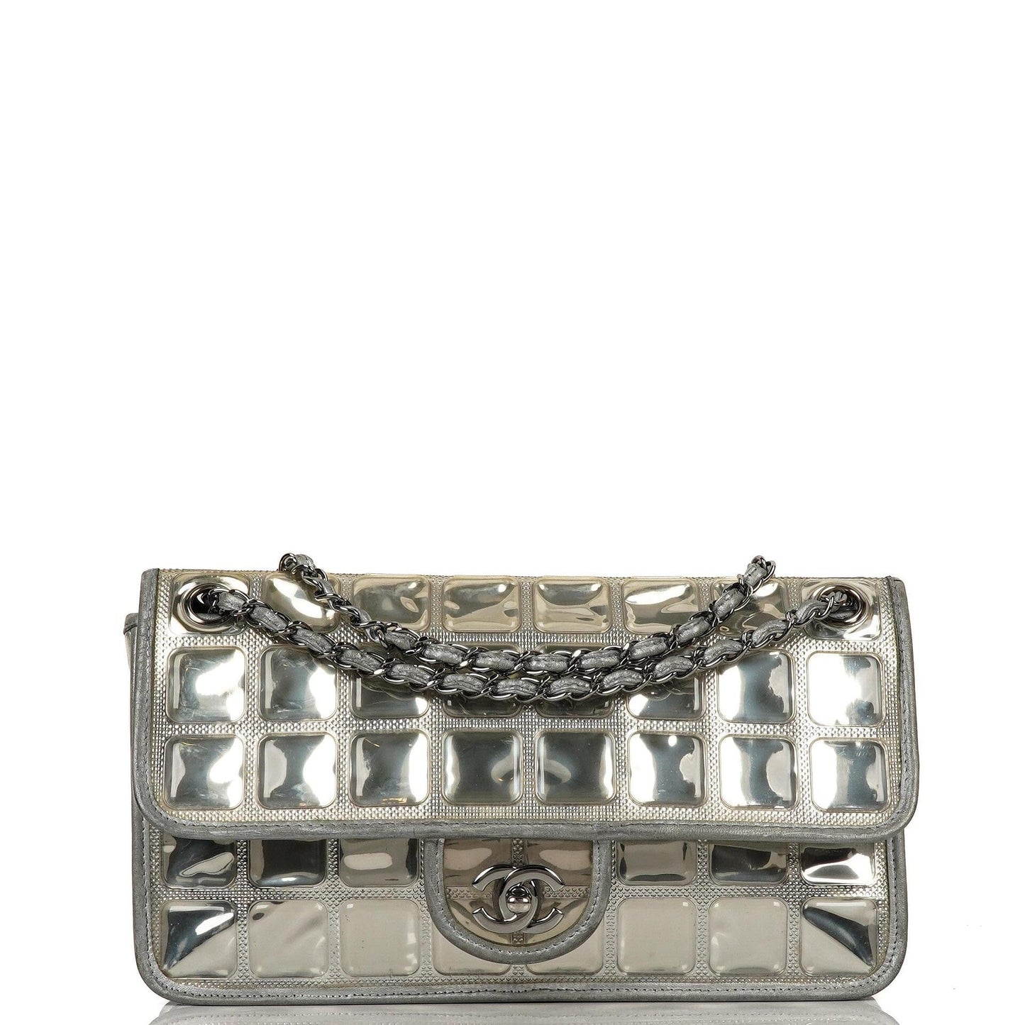 Chanel Ice Cube Flap Bag aus verspiegeltem Vinyl und silbernem Metallic-Leder mit silberfarbener Hardware