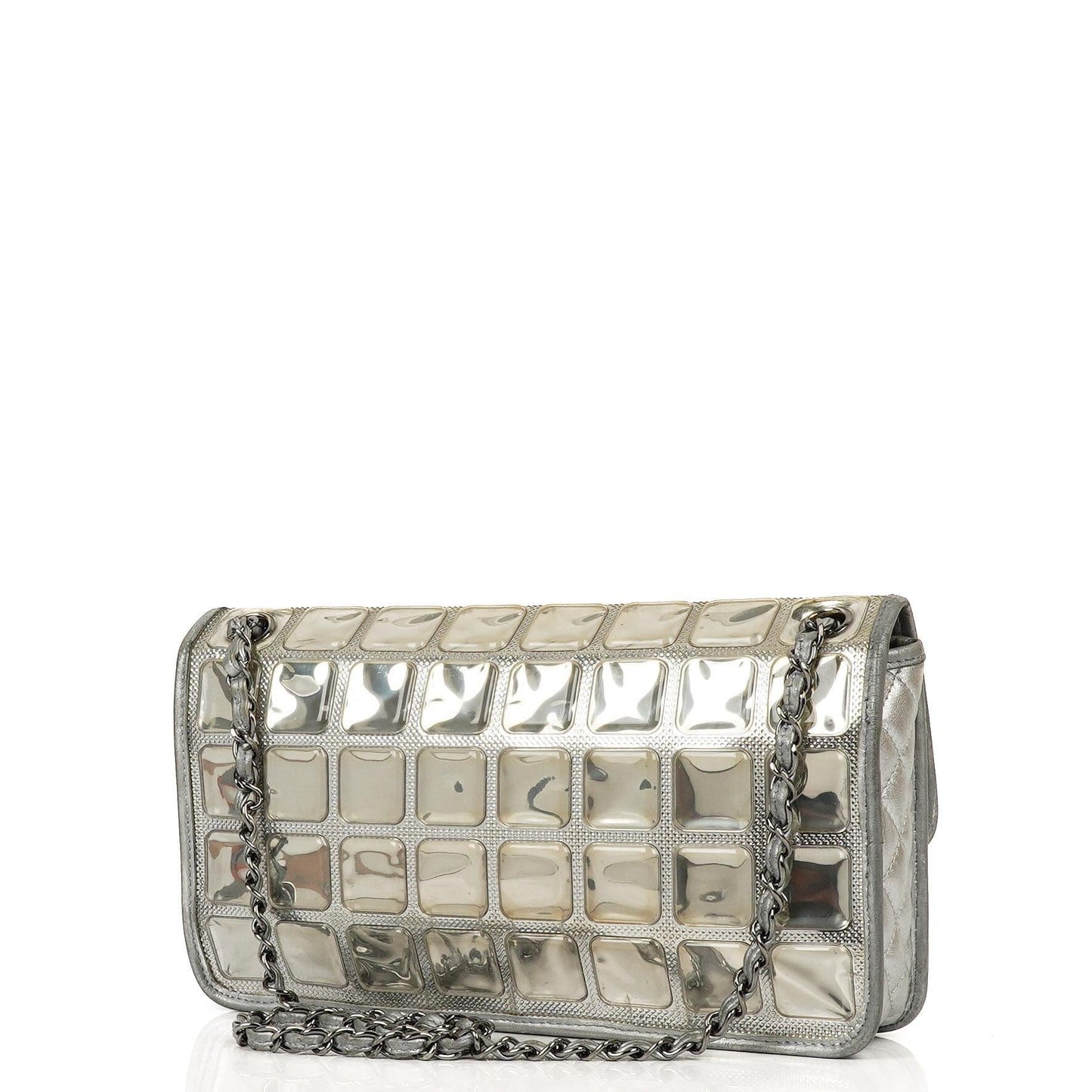 Chanel Ice Cube Flap Bag aus verspiegeltem Vinyl und silbernem Metallic-Leder mit silberfarbener Hardware