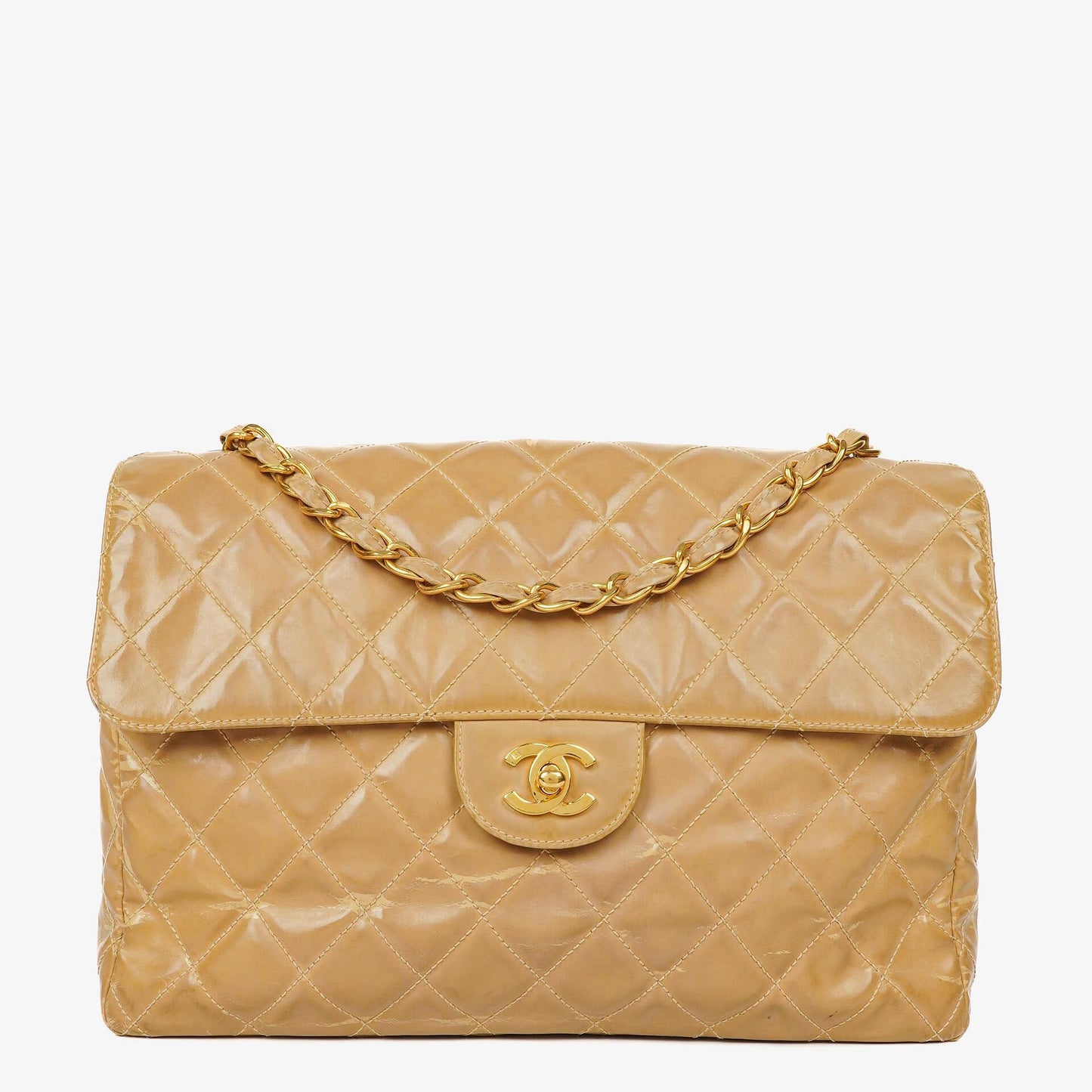 Chanel Jumbo CC Klassische Einzelklappe Tasche Beige Gestepptes Lackleder 24K Vergoldete Beschläge