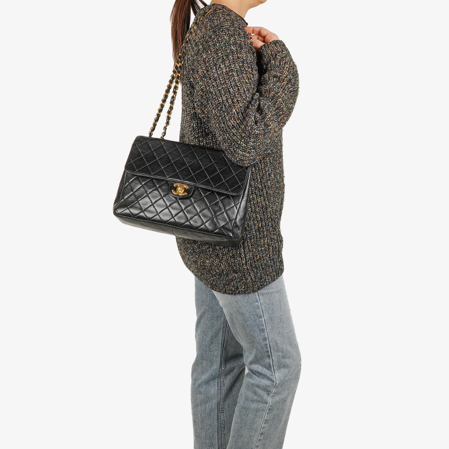 Chanel Jumbo CC Klassische Einzelklappe Tasche Schwarz Gestepptes Lammleder 24K Vergoldete Beschläge
