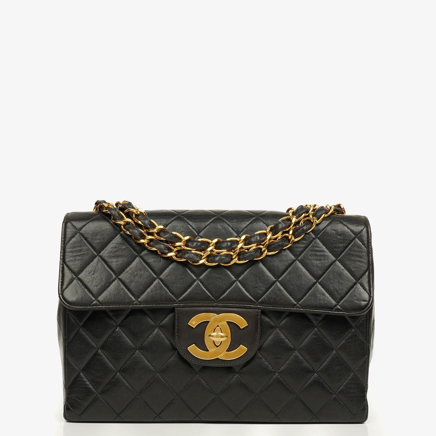 Chanel Jumbo CC Classic Single Flap Tasche aus schwarzem gestepptem Lammleder mit 24K vergoldeter Hardware