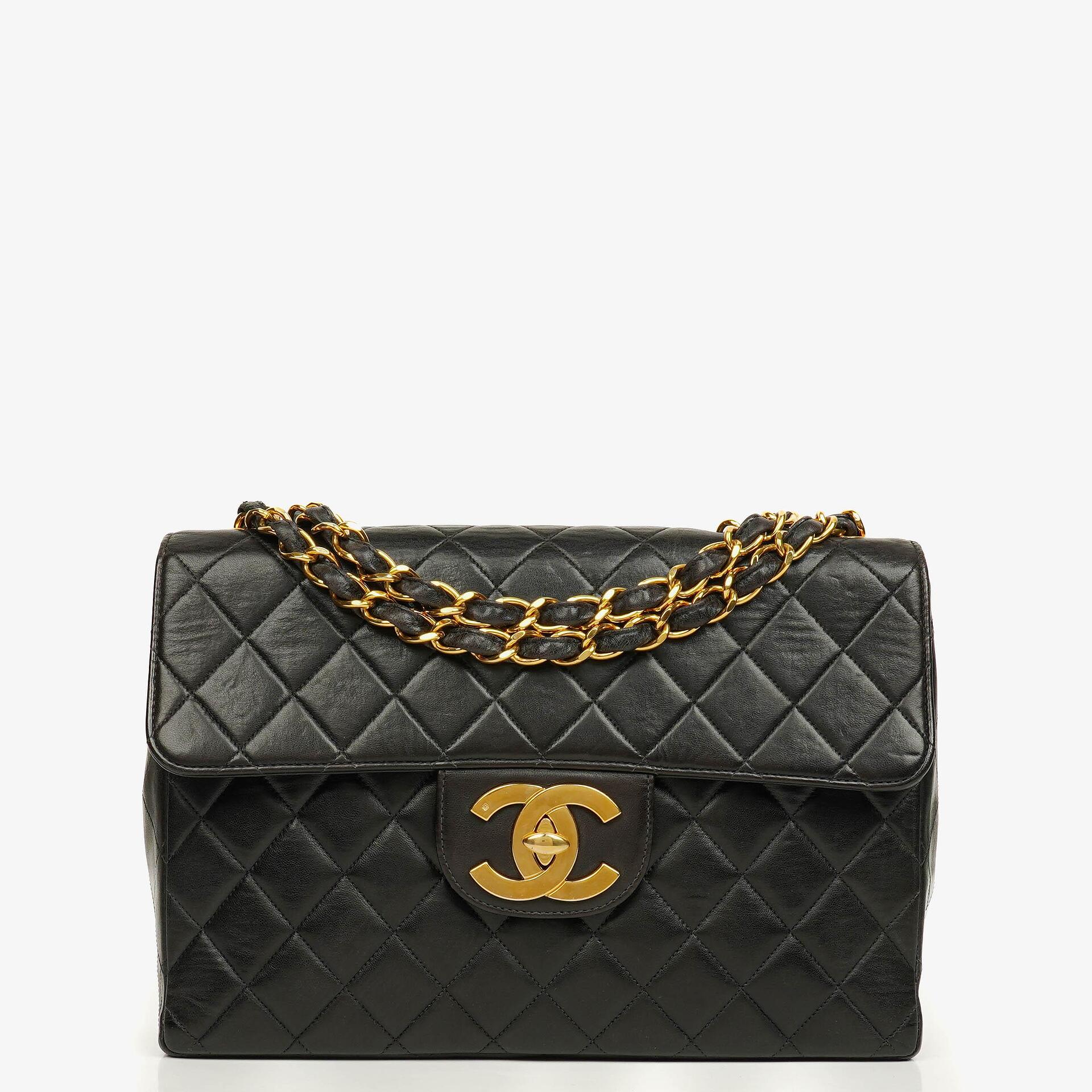 Chanel Jumbo CC Classic Single Flap Tasche aus schwarzem gestepptem Lammleder mit 24K vergoldeter Hardware