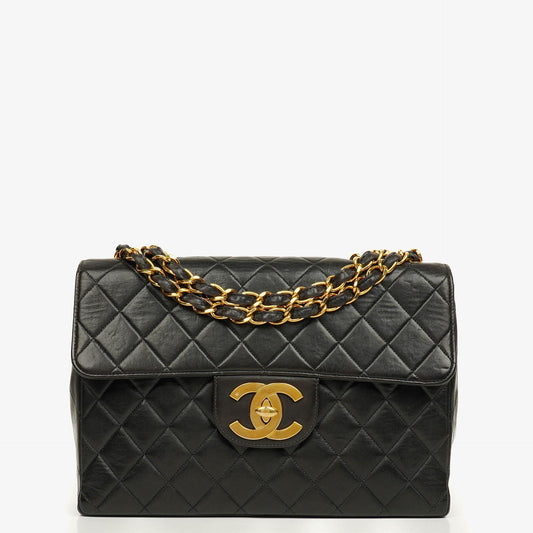 Chanel Jumbo CC Classic Single Flap Tasche aus schwarzem gestepptem Lammleder mit 24K vergoldeter Hardware