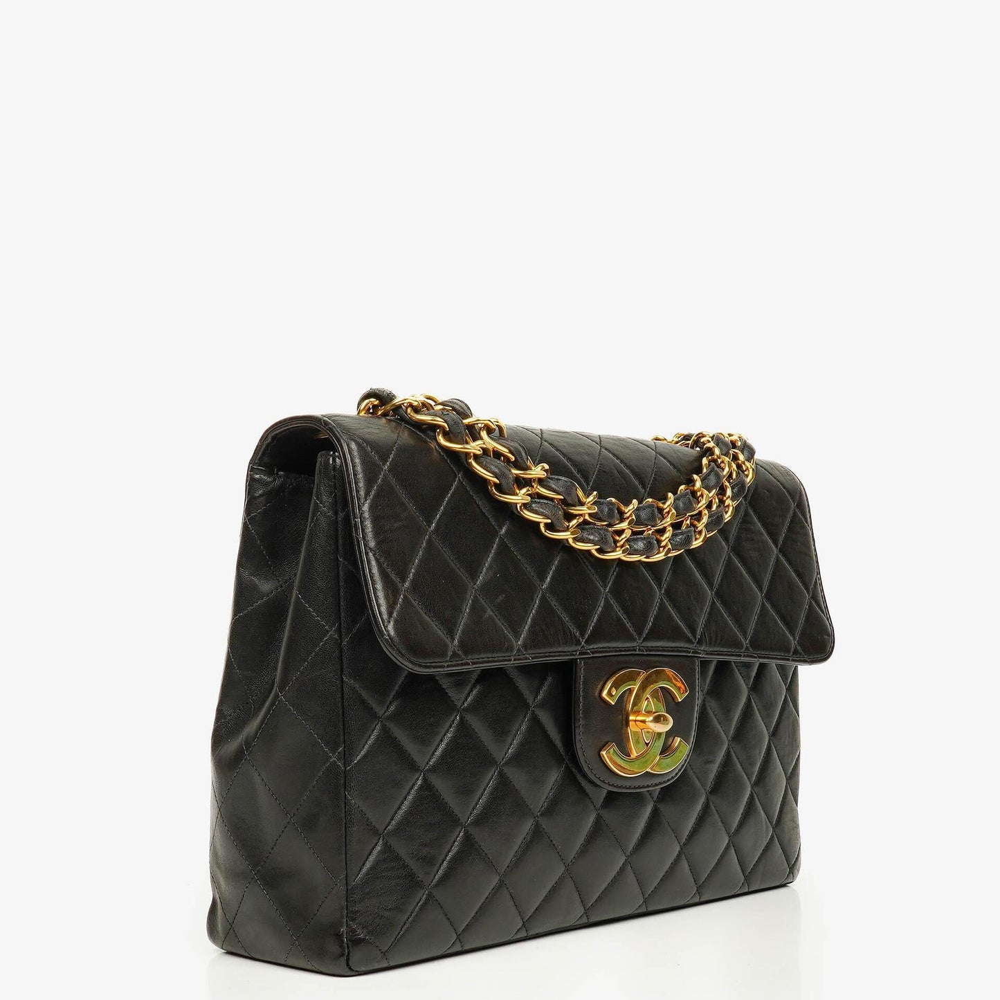 Chanel Jumbo CC Classic Single Flap Tasche aus schwarzem gestepptem Lammleder mit 24K vergoldeter Hardware