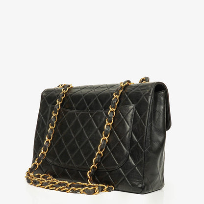 Chanel Jumbo CC Classic Single Flap Tasche aus schwarzem gestepptem Lammleder mit 24K vergoldeter Hardware