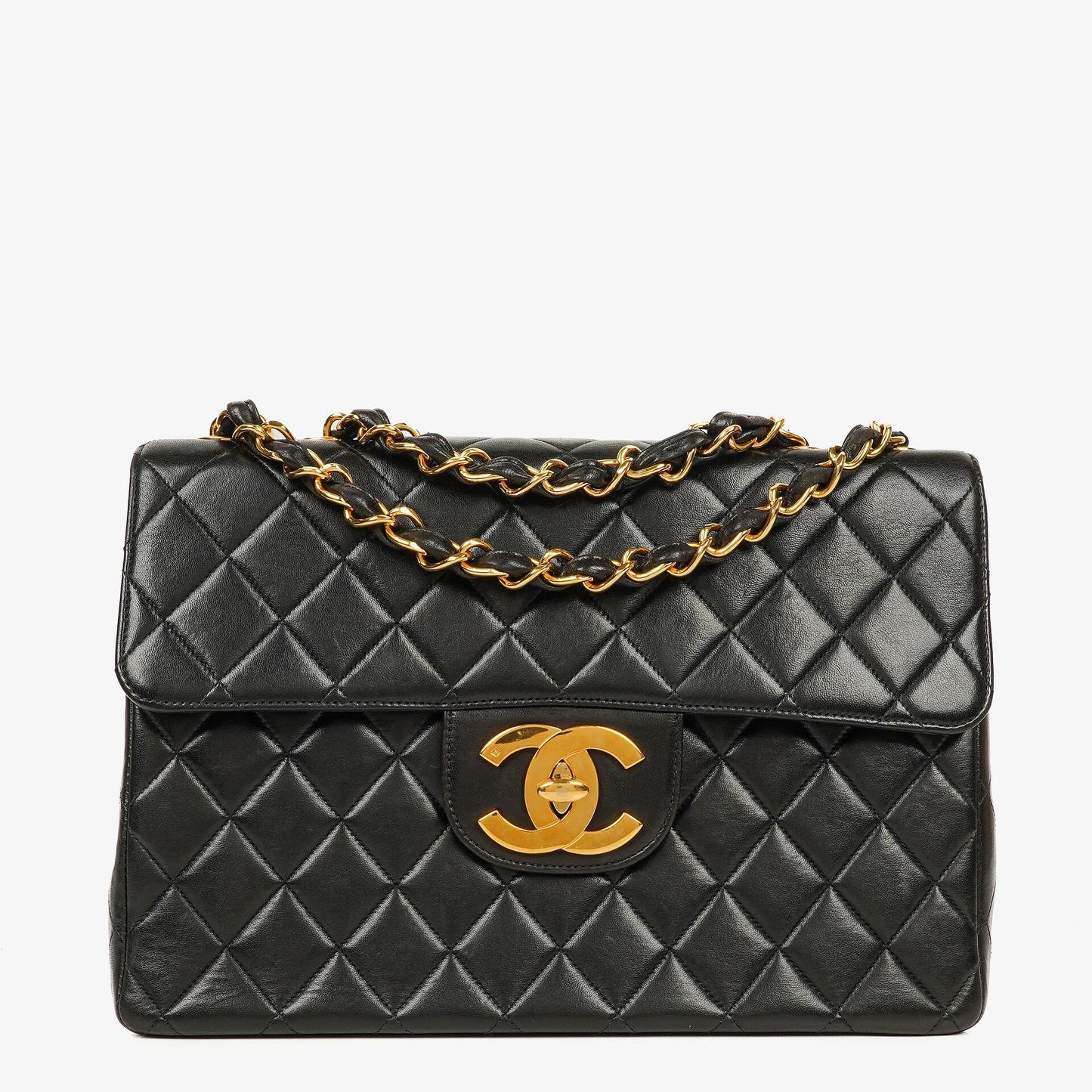 Chanel Jumbo CC Classic Single Flap Maxi Logo Tasche aus schwarzem gestepptem Lammleder mit 24K vergoldeten Beschlägen