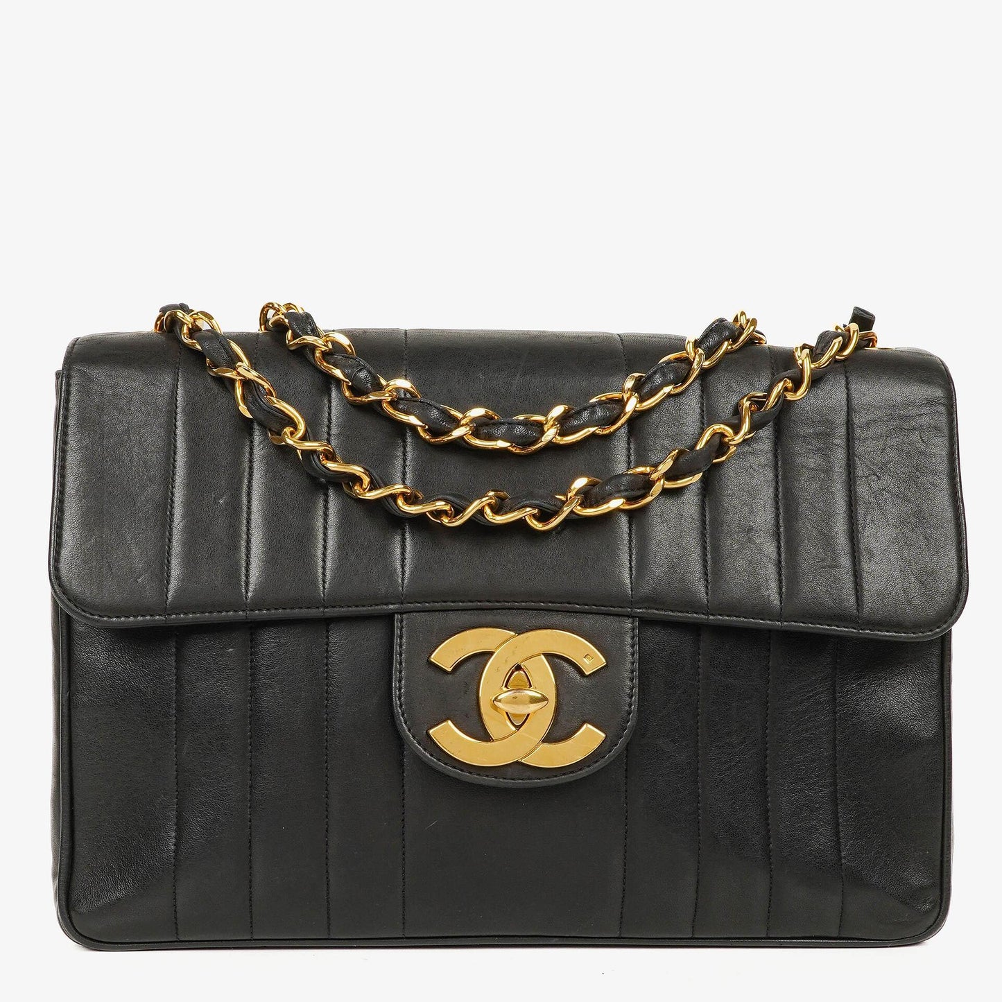 Chanel Jumbo CC Vertikal Tasche aus schwarzem gestepptem Lammleder mit 24K vergoldeten Beschlägen