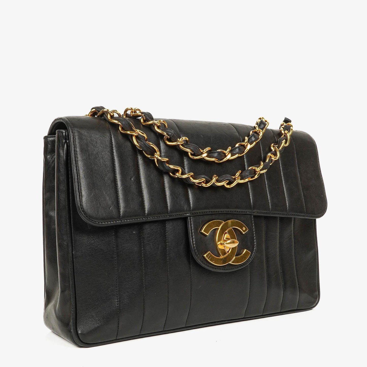 Chanel Jumbo CC Vertikal Tasche aus schwarzem gestepptem Lammleder mit 24K vergoldeten Beschlägen