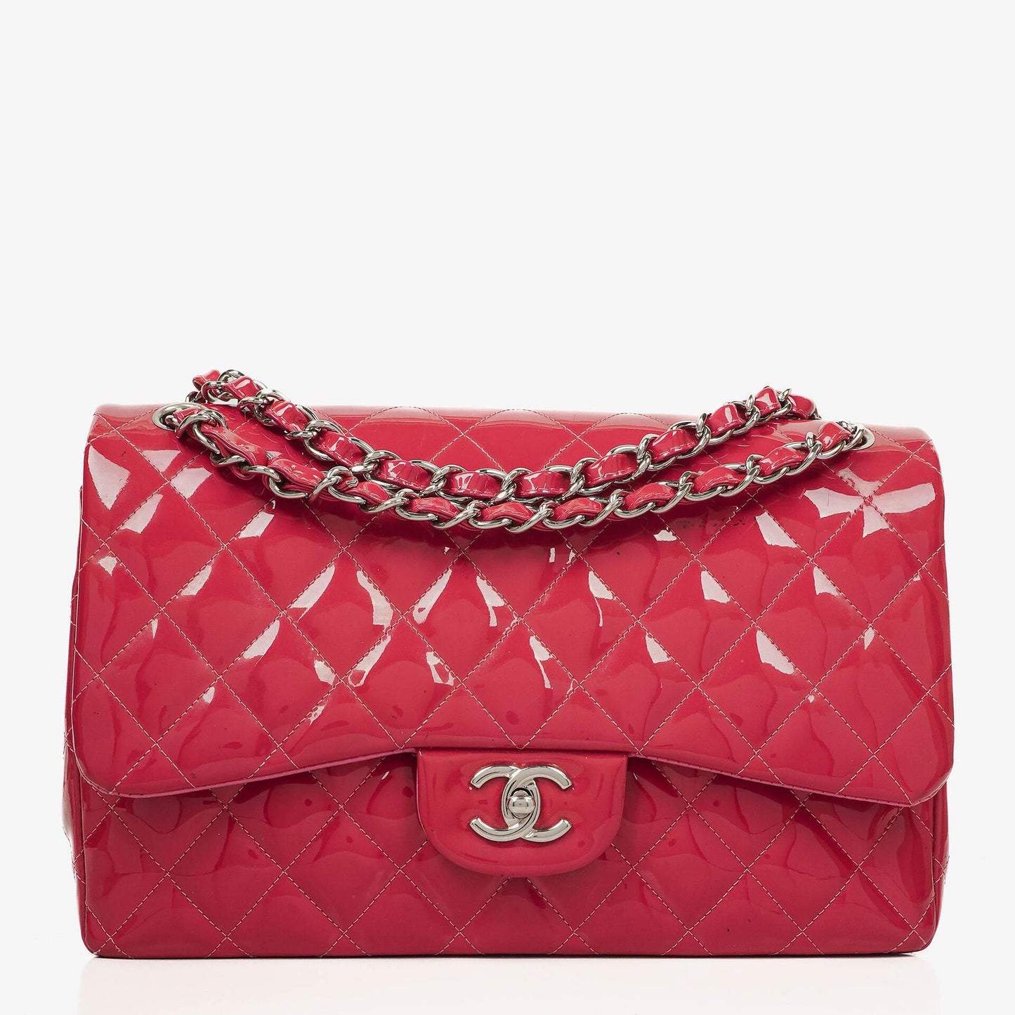 Chanel Jumbo Classic Double Flap Tasche aus gestepptem Lackleder mit silberfarbenen Beschlägen