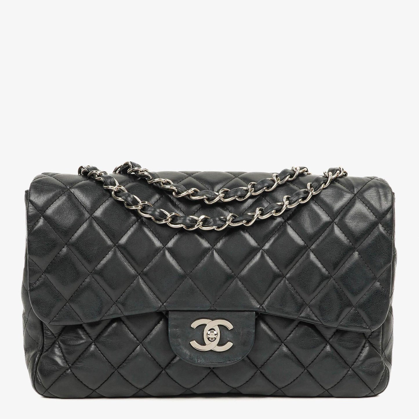 Chanel Jumbo Classic Single Flap Tasche aus schwarzem gestepptem Leder mit silberfarbener Hardware