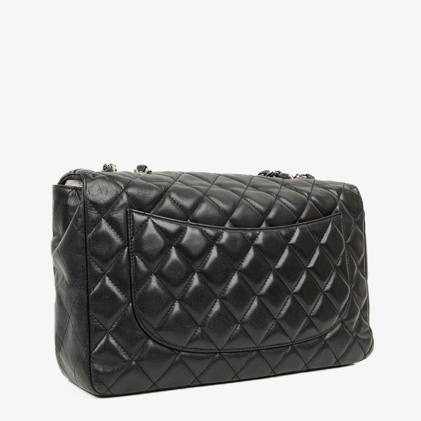 Chanel Jumbo Classic Single Flap Tasche aus schwarzem gestepptem Leder mit silberfarbener Hardware
