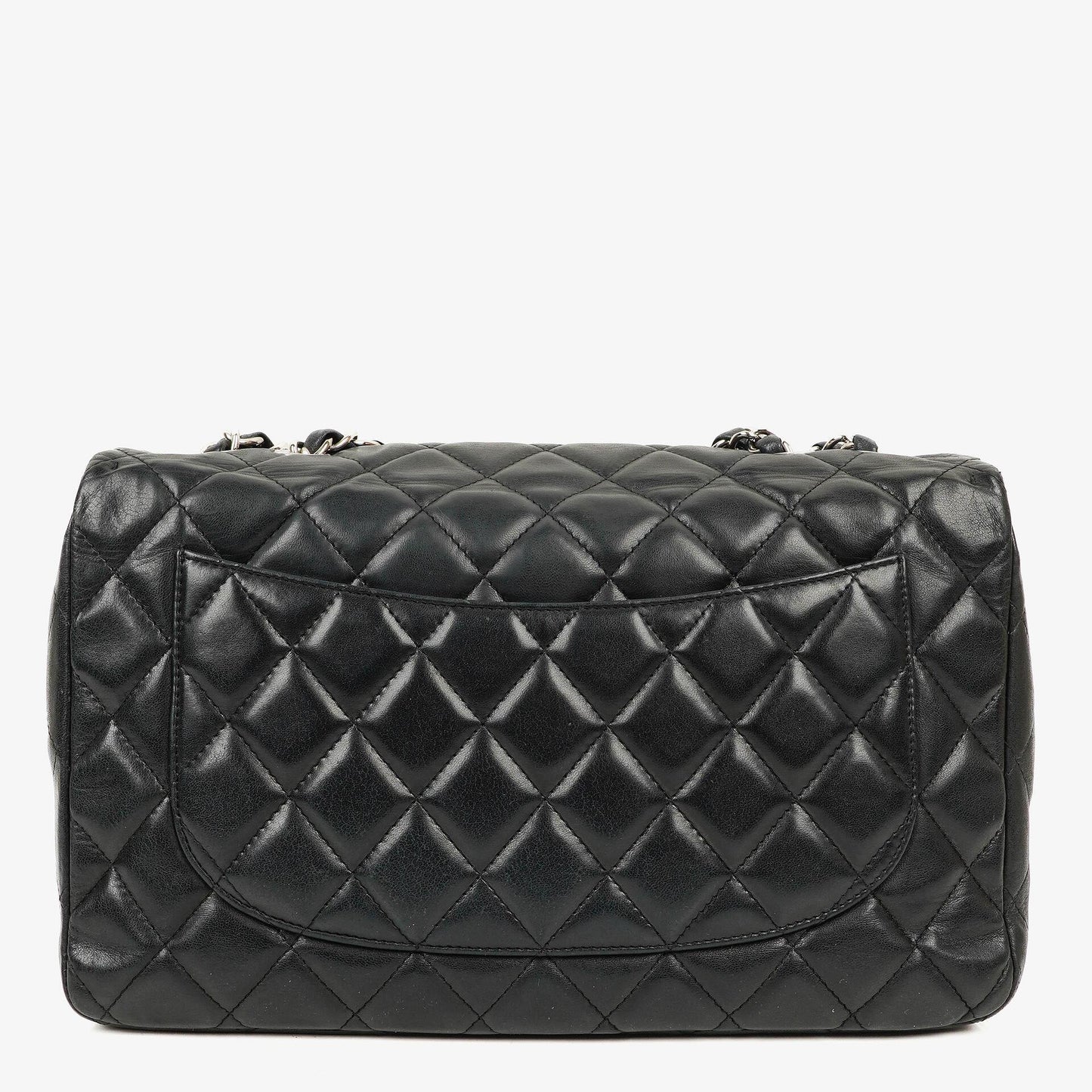 Chanel Jumbo Classic Single Flap Tasche aus schwarzem gestepptem Leder mit silberfarbener Hardware